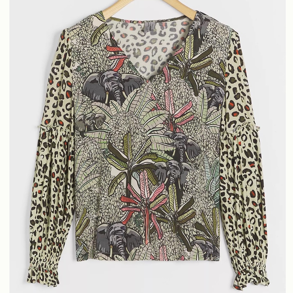 NWT: Anthropologie Bl-nk Sibley Mock Neck Top Grey Leopard Animal Womens Small